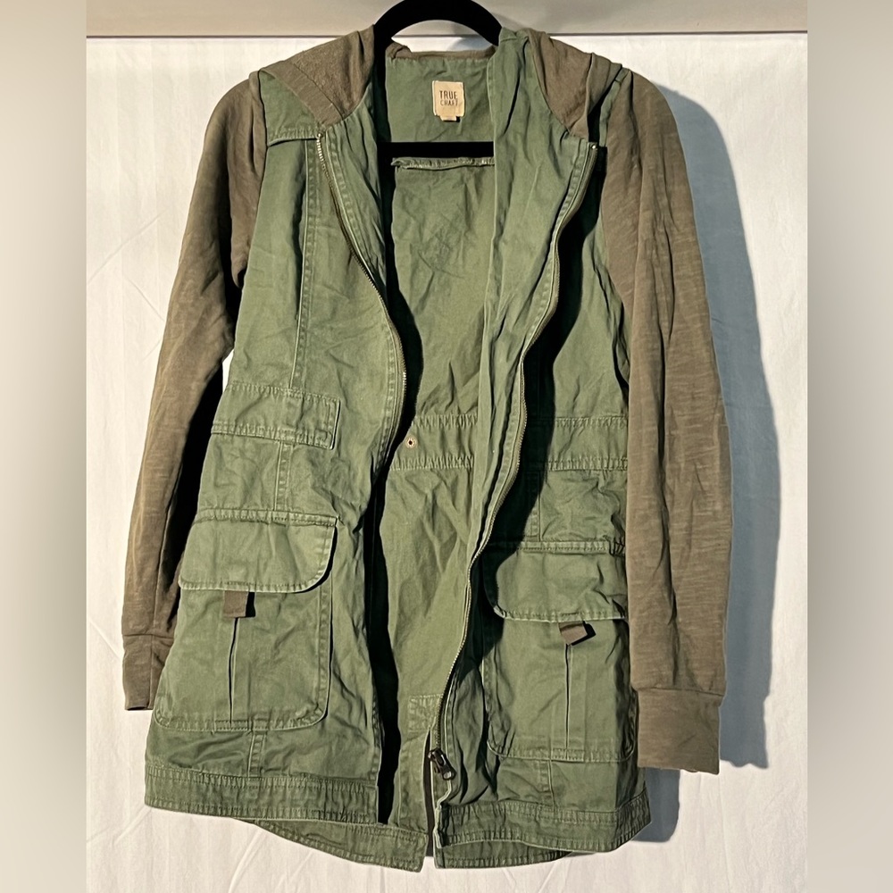 Size small olive green hooded jacket. Sleeve and hood are a knit material